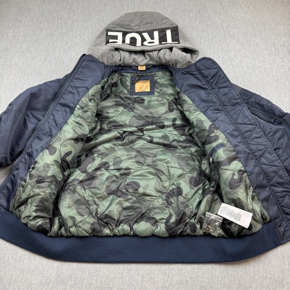 True Religion Bomber Jacket Mens Small Blue Quilted Full Zip Hooded Pockets Coat - Picture 7 of 13